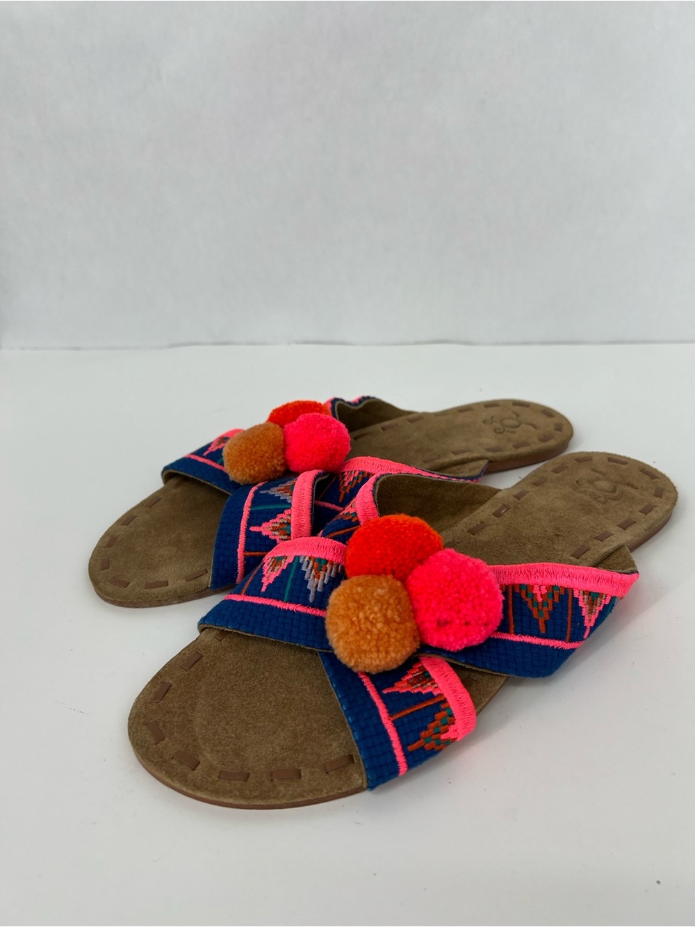 Figue Colorful Pom Pom Slide Sandals in Navy, Pink & Orange